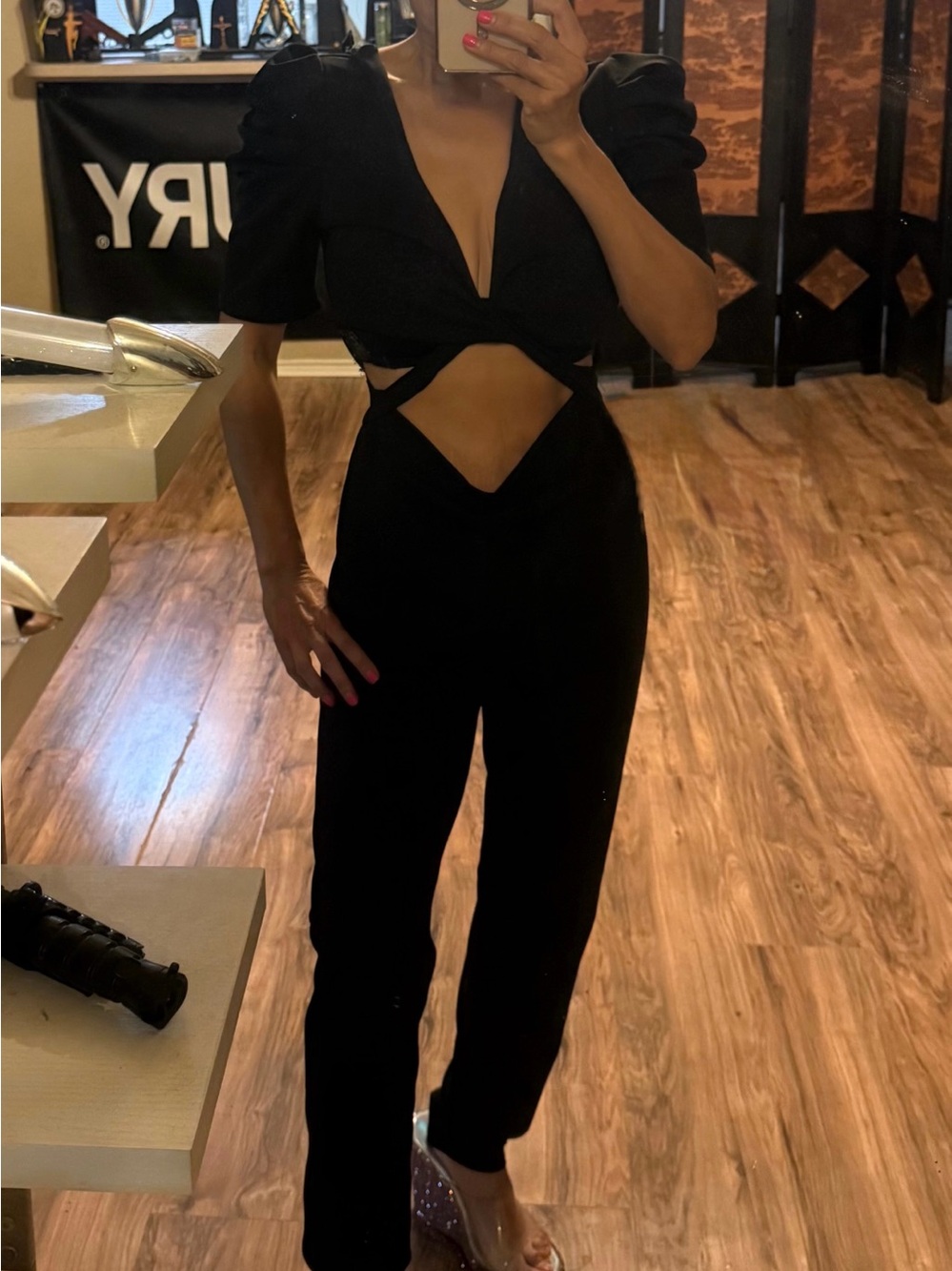 Windsor Cutout Puff-Sleeve Black Jumpsuit
